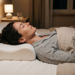 Ergonomic memory foam sleep apnea pillow resting on a modern white bed.