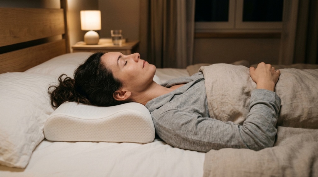 Ergonomic memory foam sleep apnea pillow resting on a modern white bed.