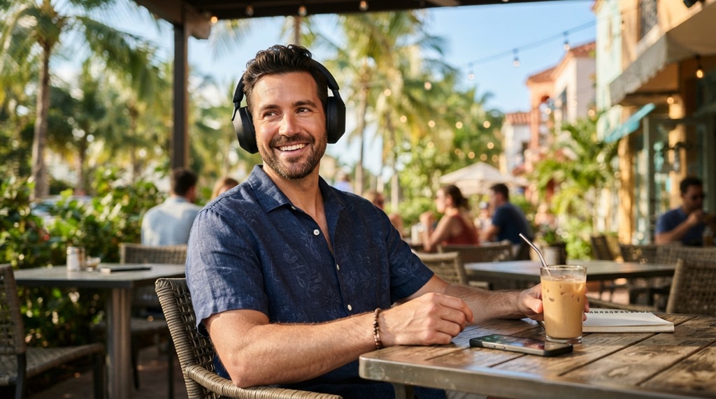 A man listening to wireless headphones on a sunny Florida beach.