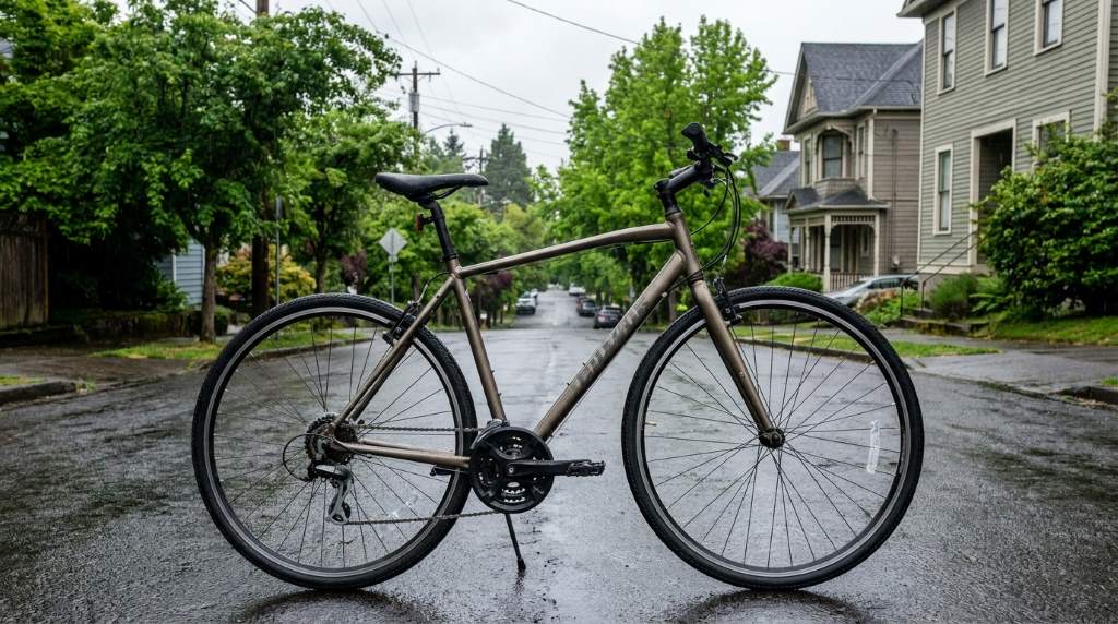 Commuter bike climbing a steep Portland hill in rainy weather