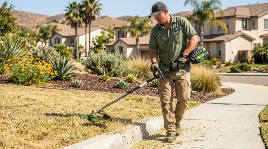 Person trimming a dry California lawn with a cordless string trimmer.