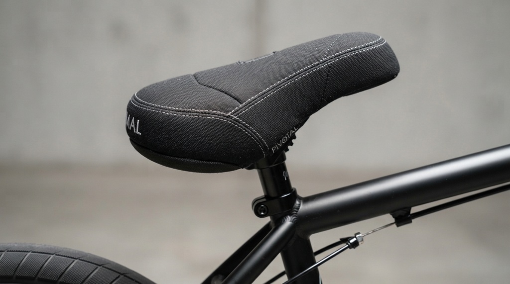 Thick padded fat BMX bike seat mounted on frame.