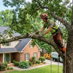 Professional arborist trimming a tree branch near a house roof.