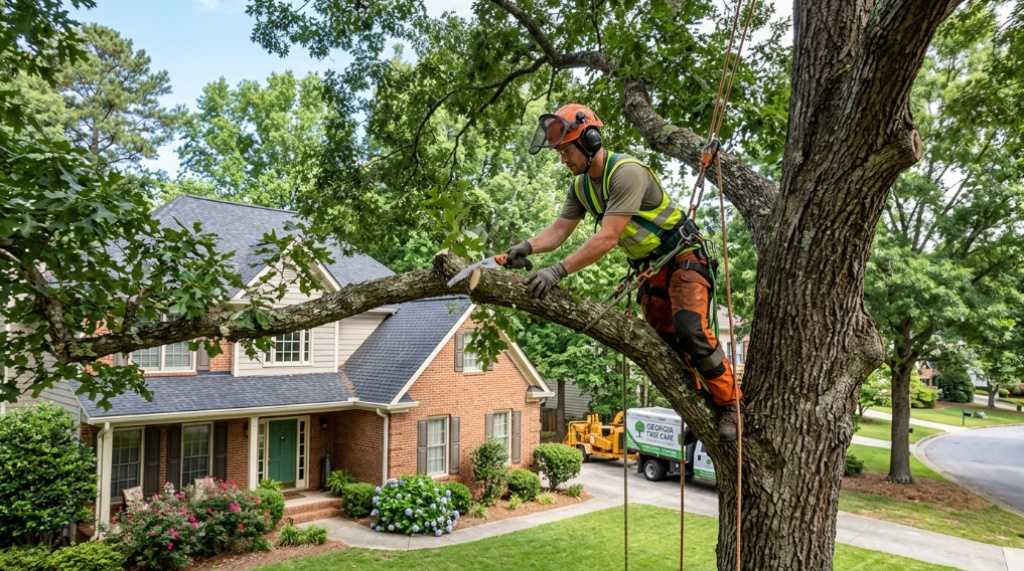 Professional arborist trimming a tree branch near a house roof.