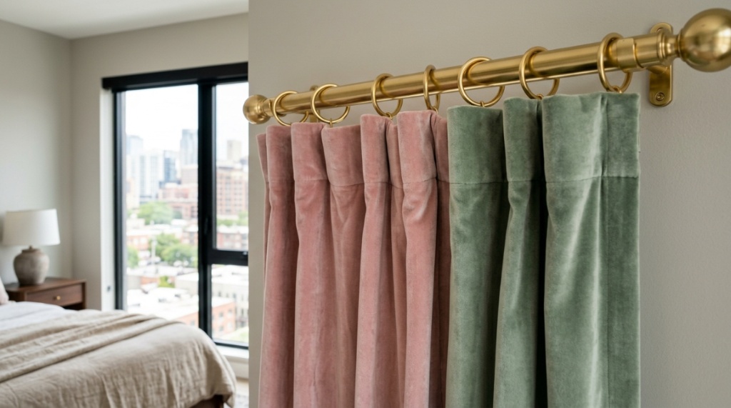 Stylish pink curtains framing a bright New York City apartment window.